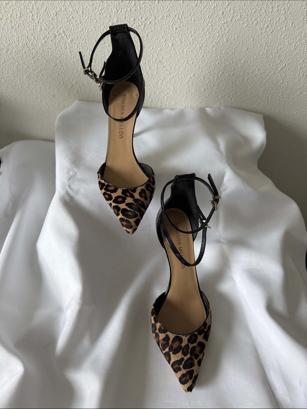 Tamara Mellon Leopard Print Pointed-Toe Ankle Strap Pumps - Black/Tan